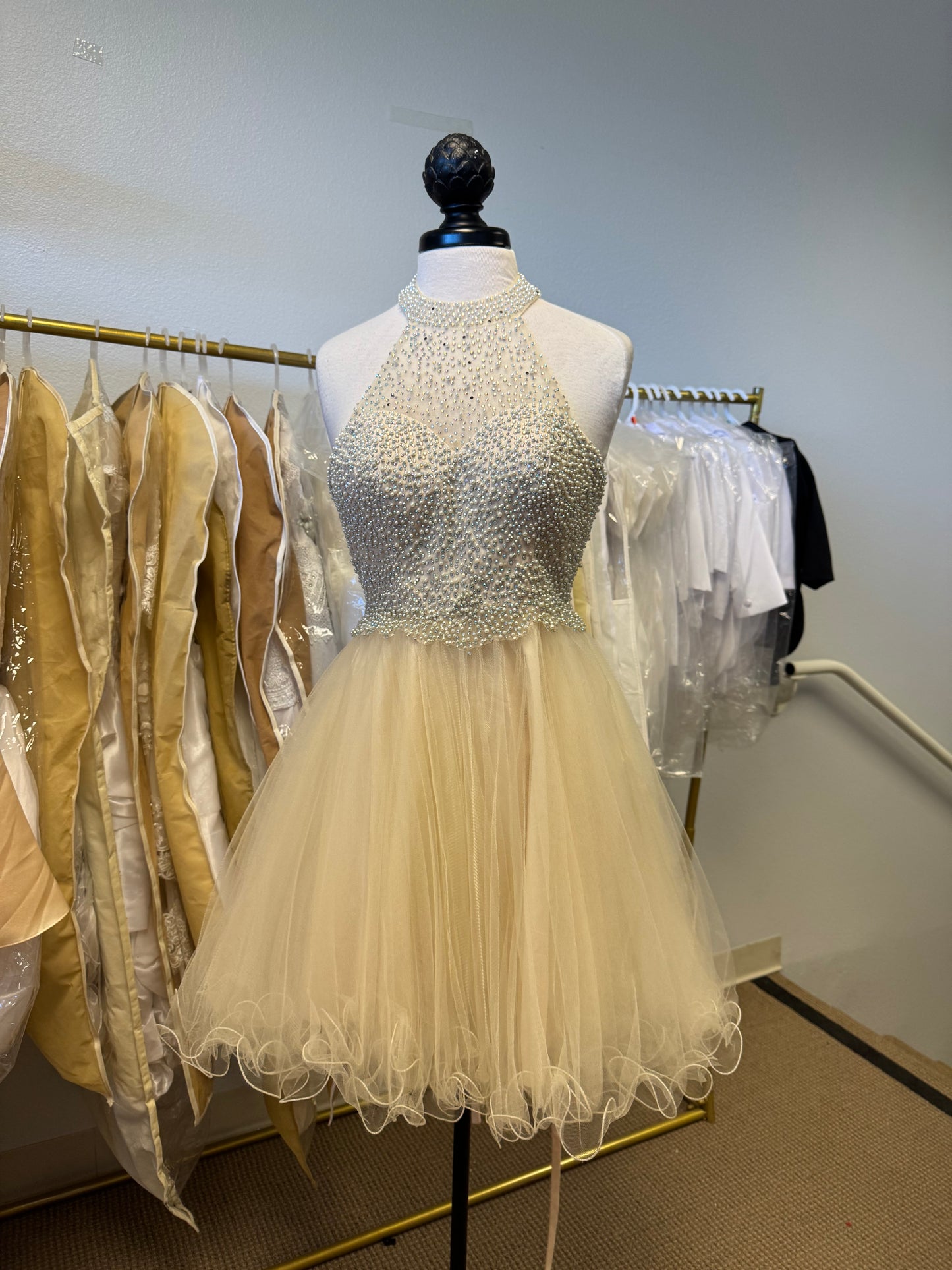 Beaded High Halter Cocktail Dress