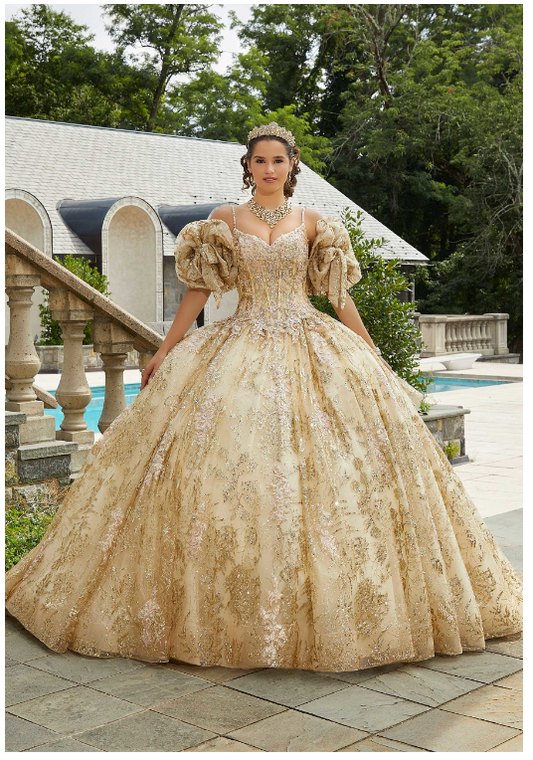 Metallic Lace and Patterned Glitter Quinceañera Dress