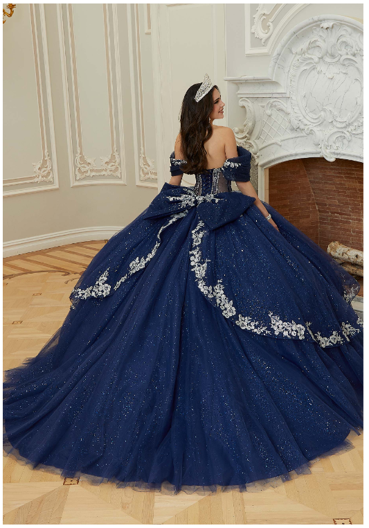 Sheer Chandelier Beaded Floral Glitter Quinceañera Dress