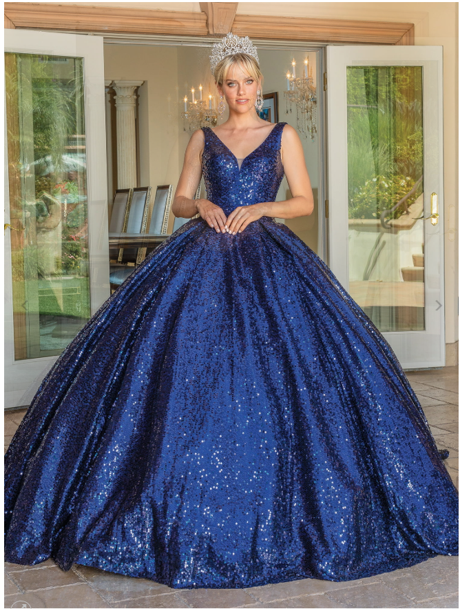 Sequined V-Neck Ball Gown with Regal Tiara and Sleeveless Bodice
