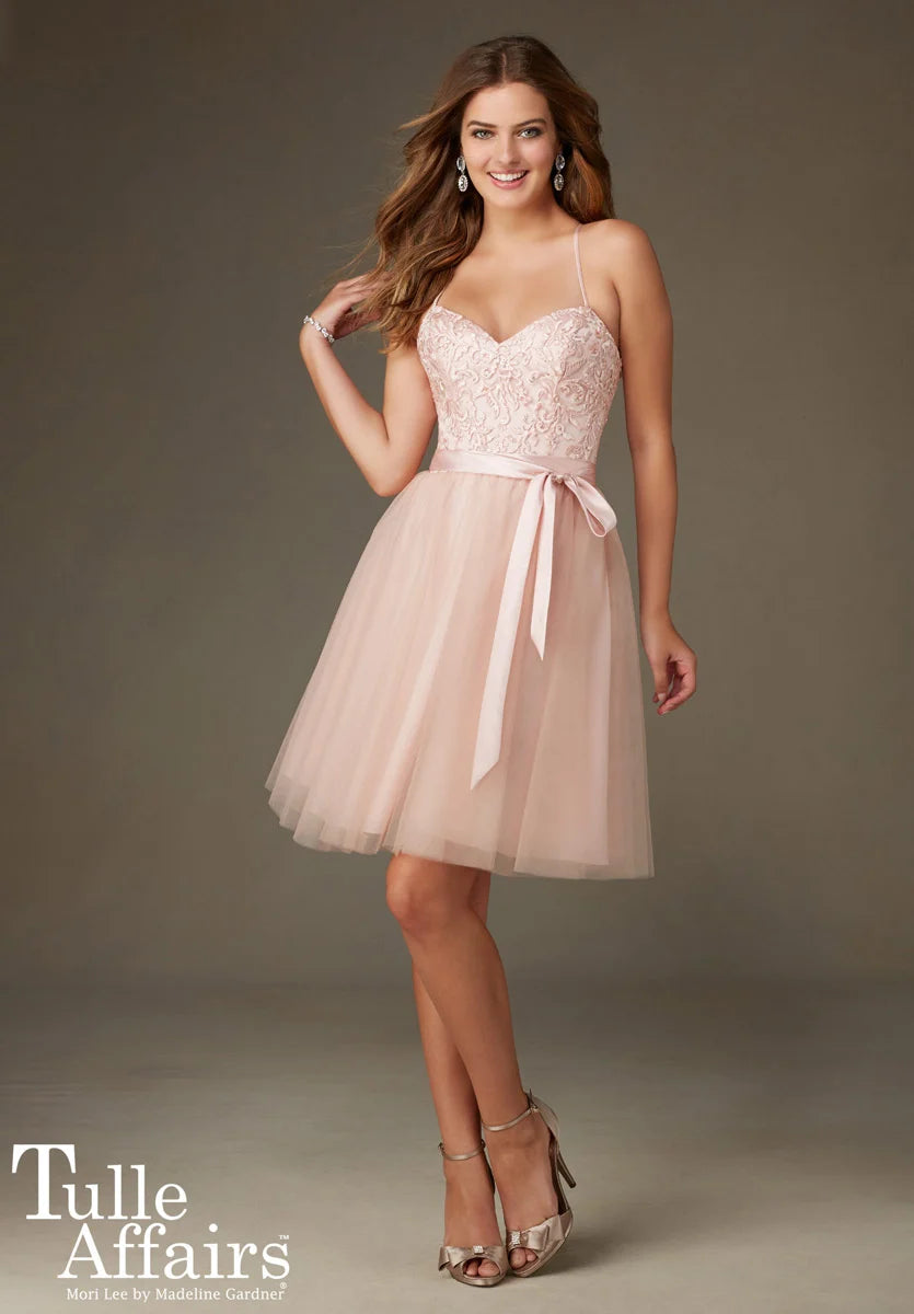 Tulle Short Dress w/Embroidery and Beading & Matching Satin Tie Sash