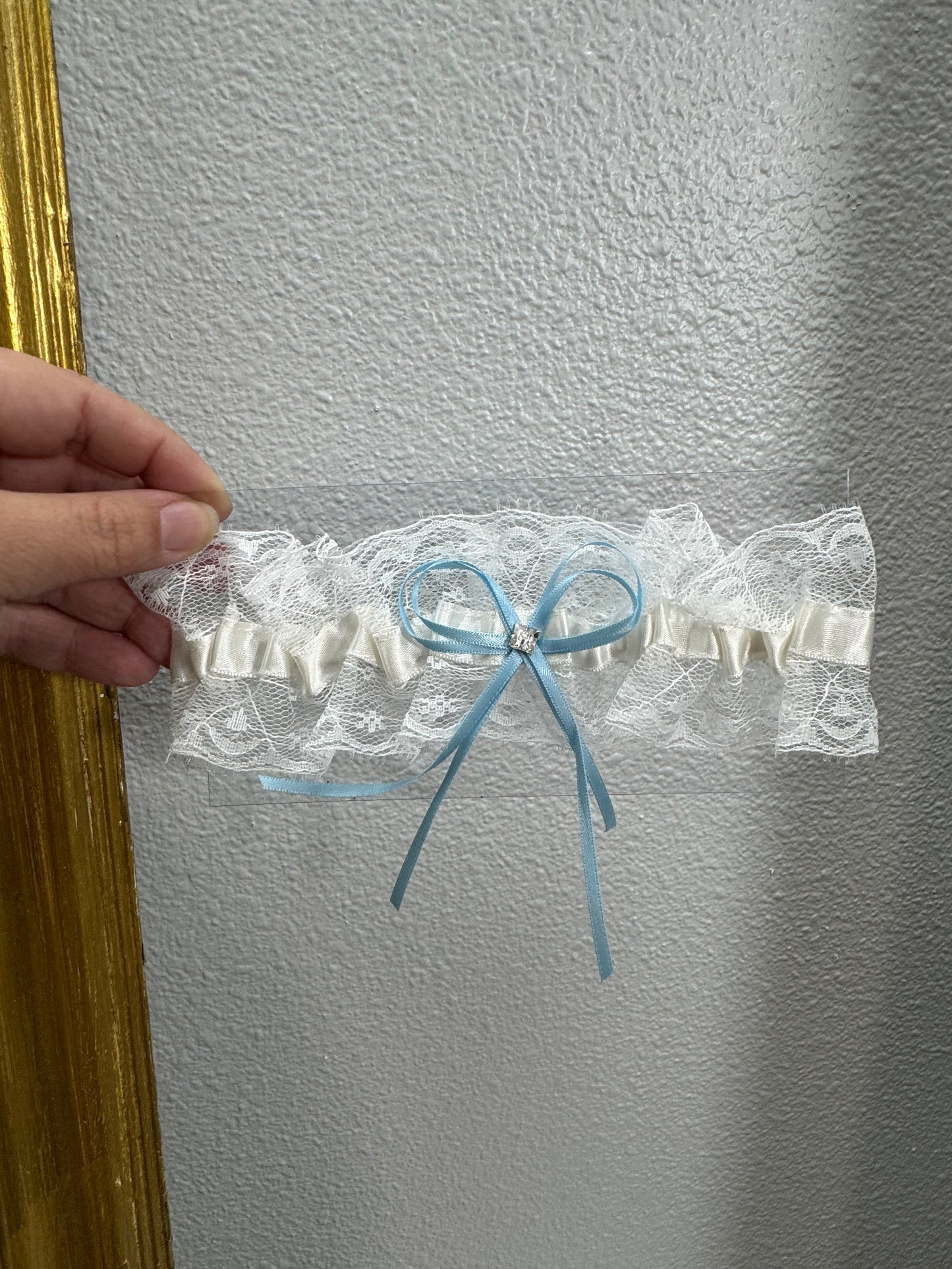 Wedding Garter - Ivory w/Lace & Blue Ribbon