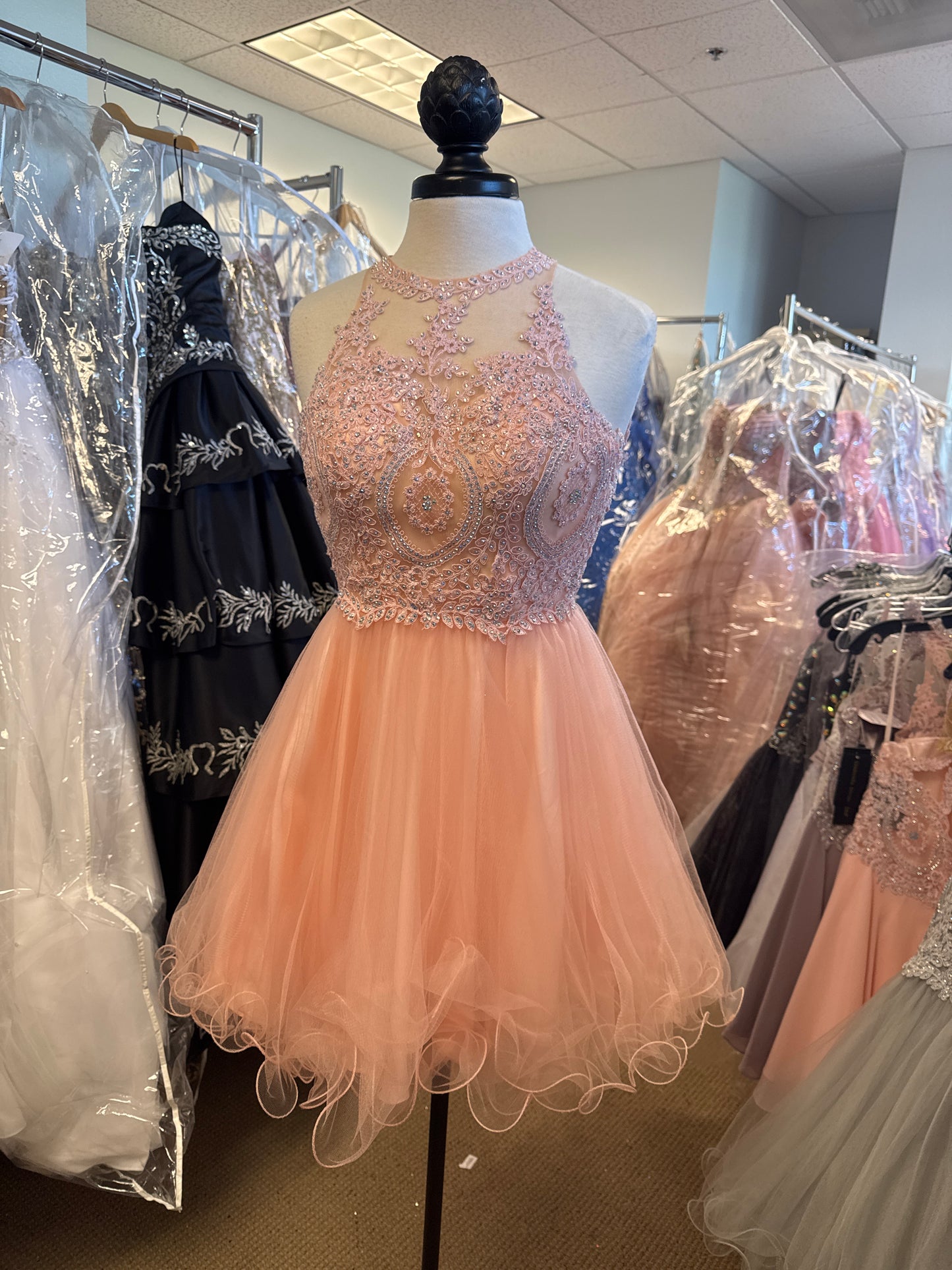 Beaded High-Neck Tulle Skirt Short Dress