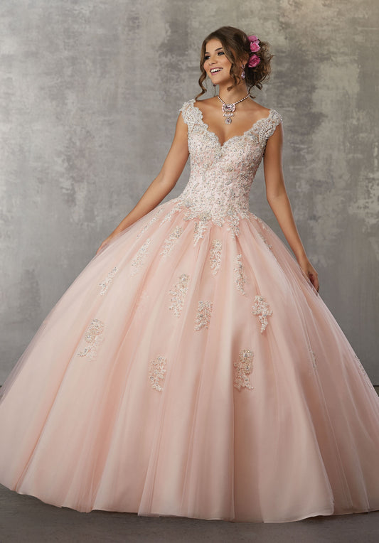 MORILEE VALENCIA CRYSTAL BEADED LACE TULLE BALL GOWN