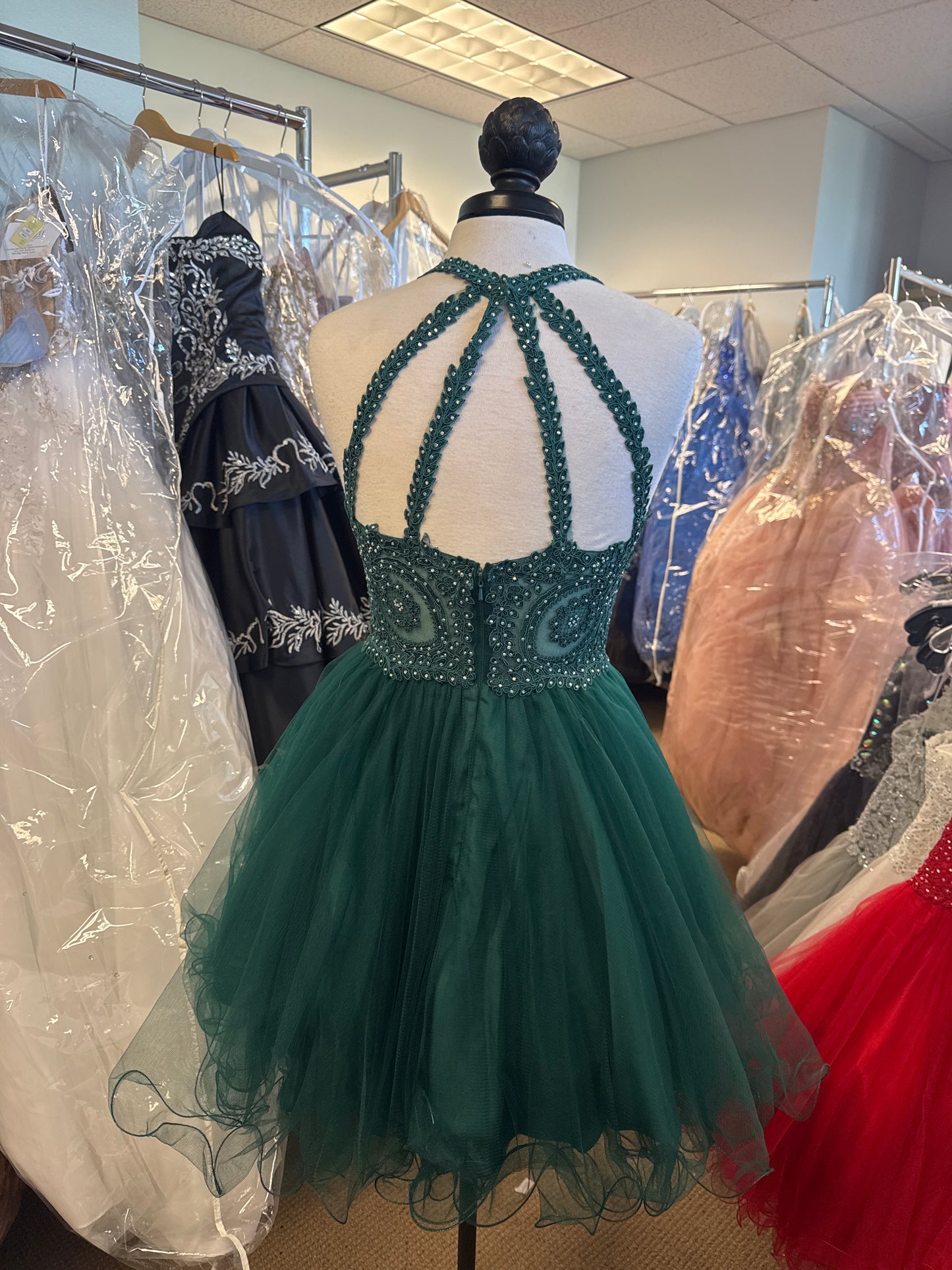 Beaded High-Neck Tulle Skirt Short Dress