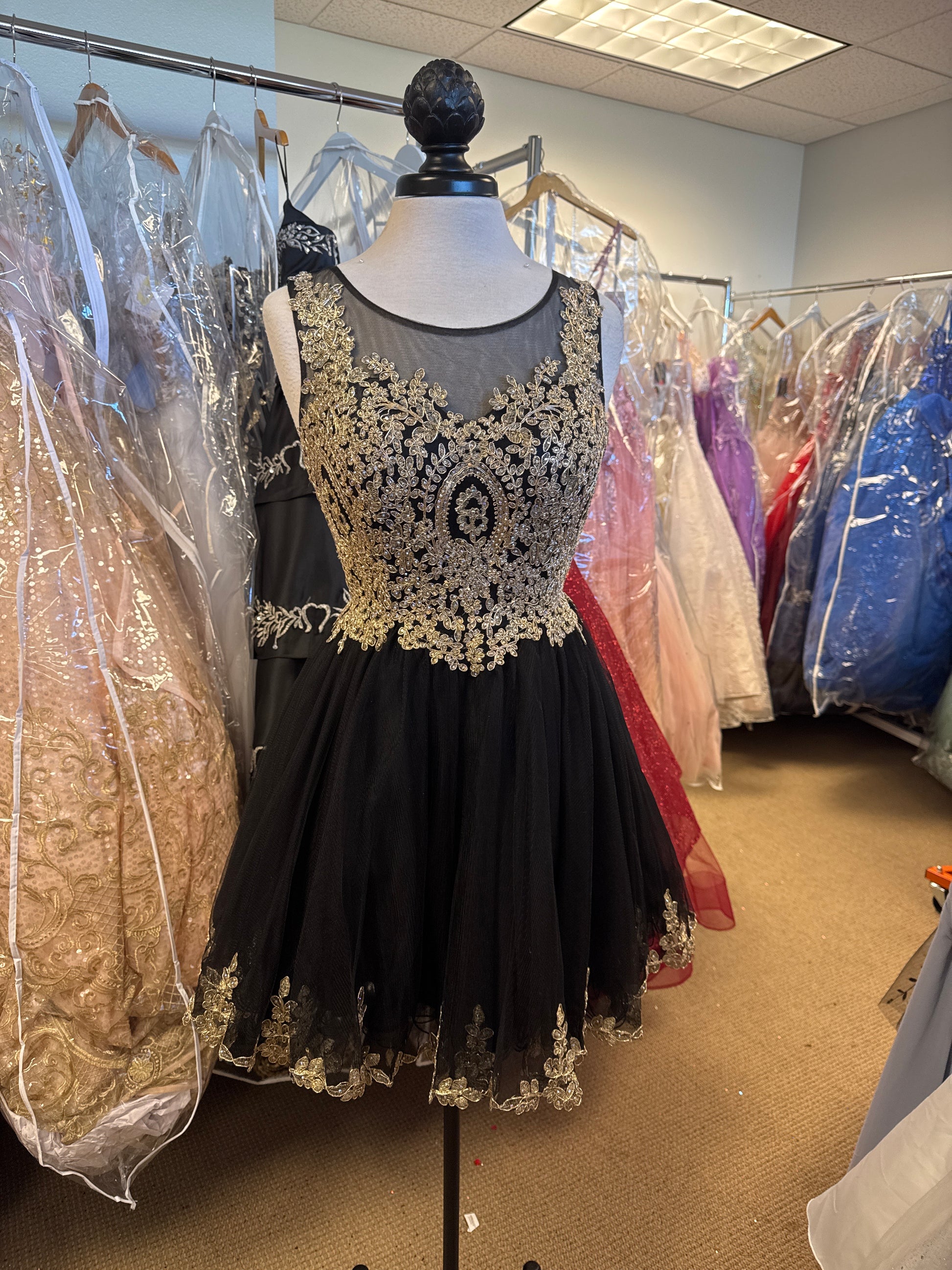 Illusion Scoop Neck Embroidered A Line Short Dress Bellissimas Bridal & Quinceanera Boutique Illusion Scoop Neck Embroidered A Line Short Dress Bellissimas Bridal & Quinceanera Boutique