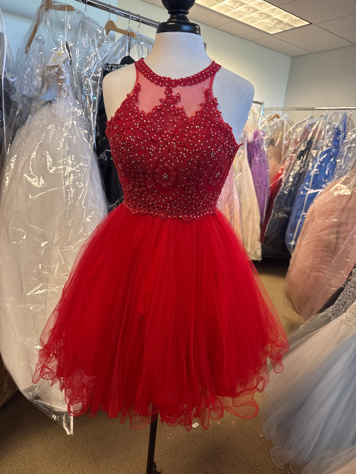 Beaded High-Neck Tulle Skirt Short Dress