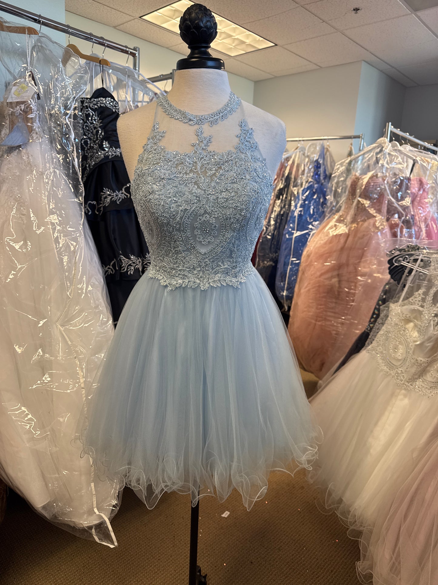 Beaded High-Neck Tulle Skirt Short Dress