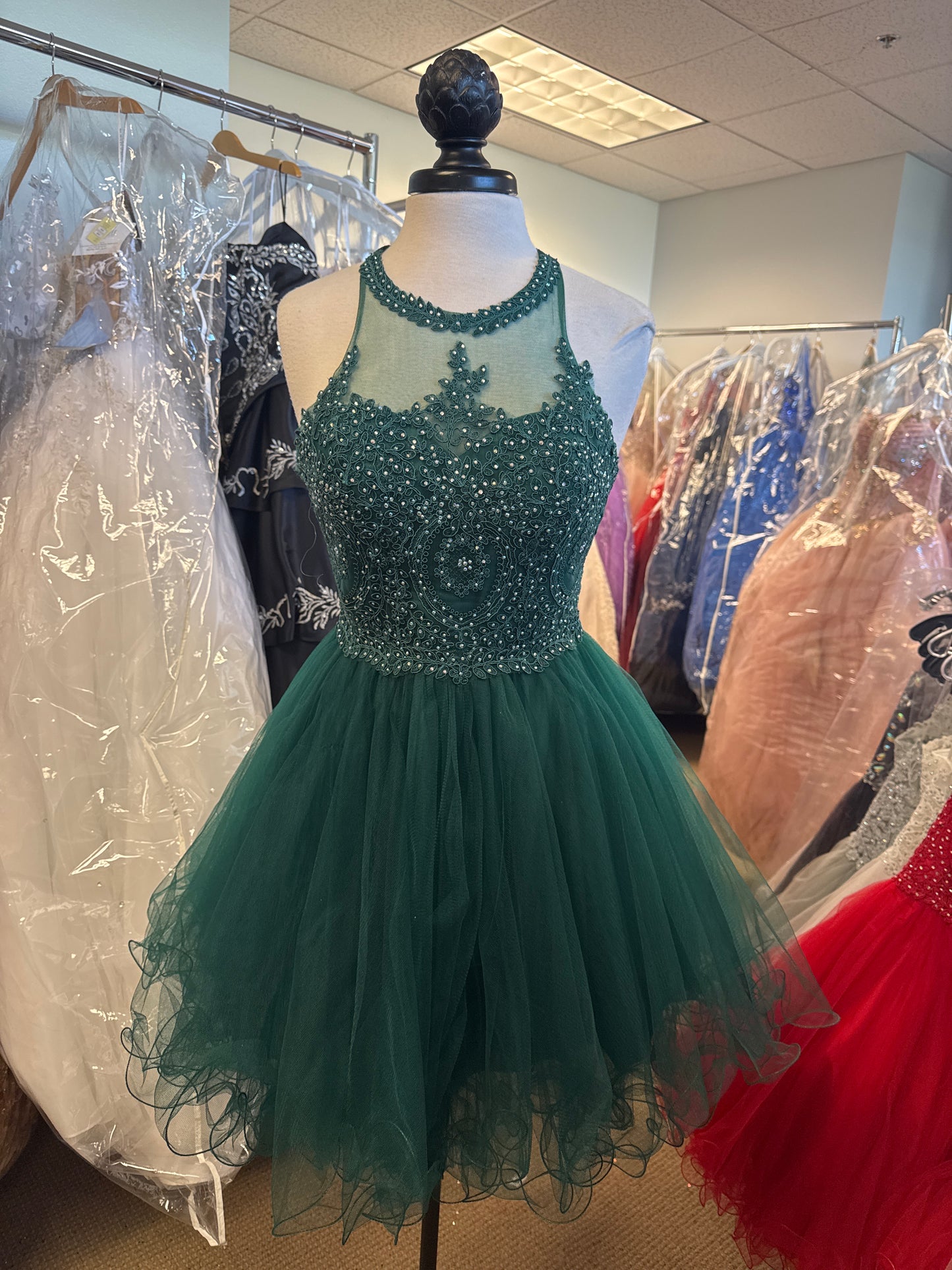 Beaded High-Neck Tulle Skirt Short Dress