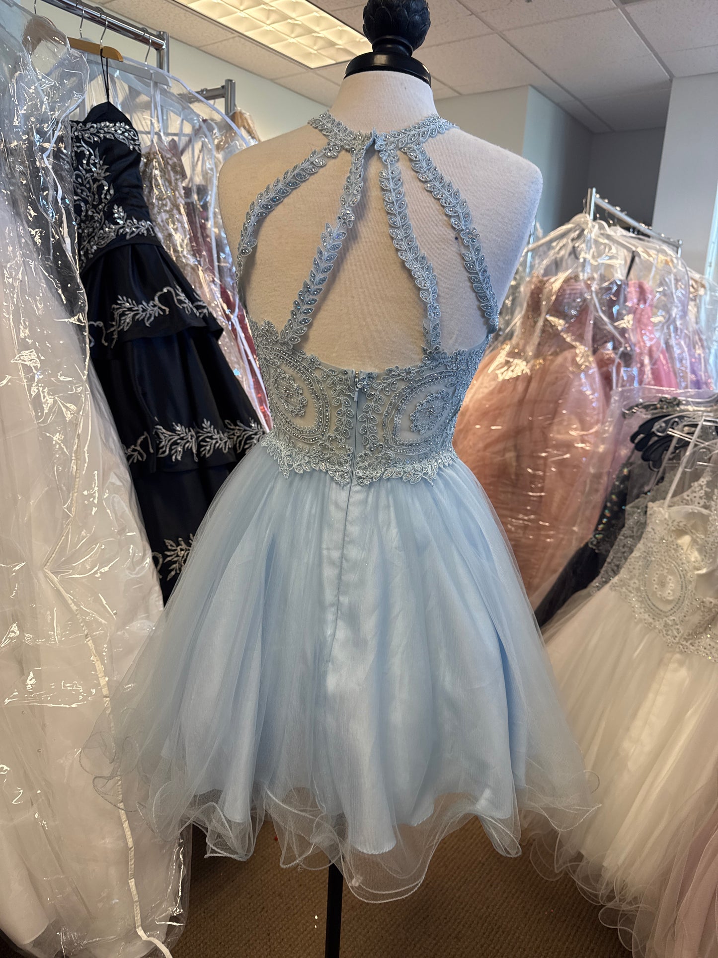 Beaded High-Neck Tulle Skirt Short Dress