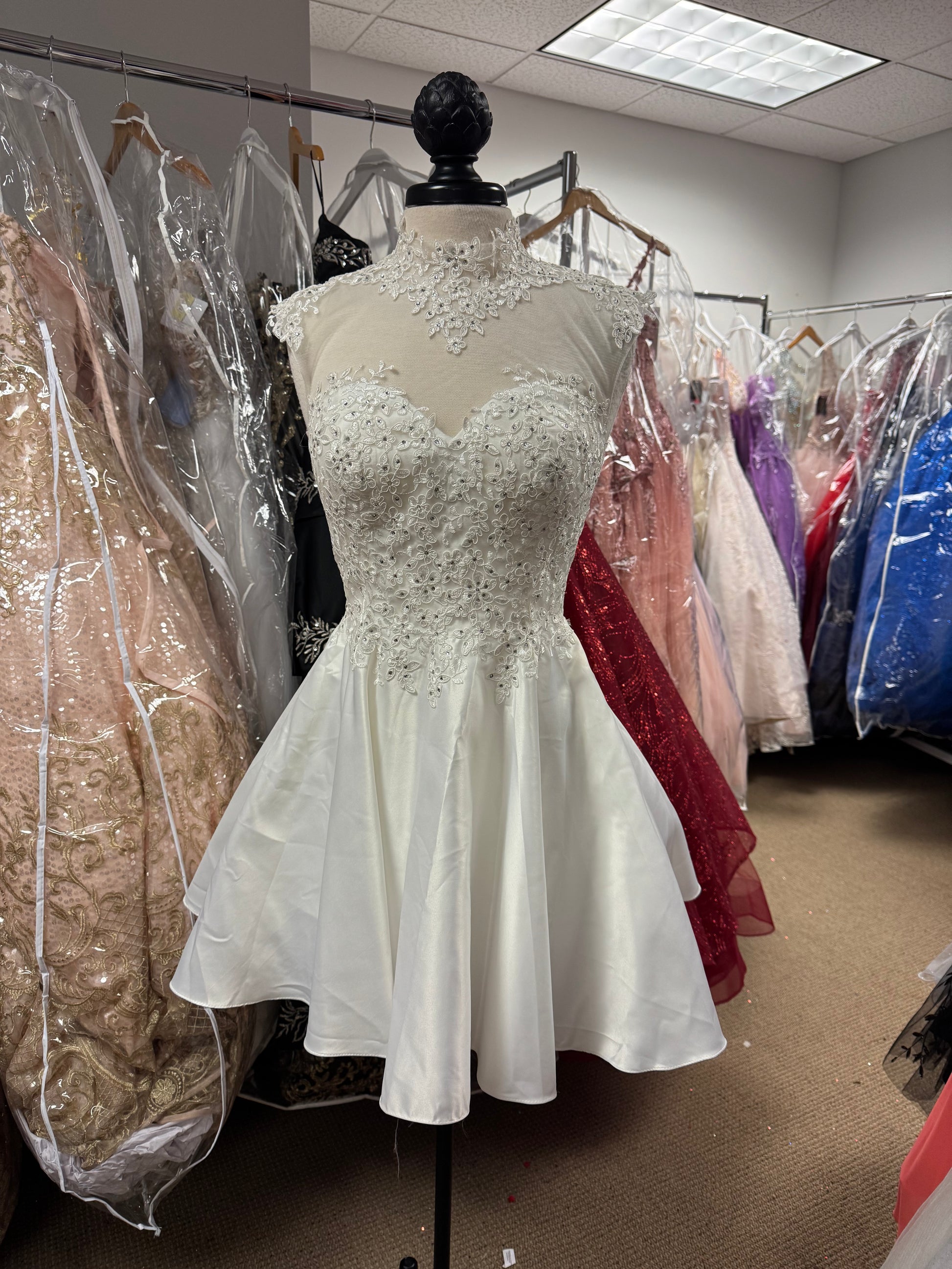 High Neck Lace Top Satin Skirt Short Dress Bellissimas Bridal & Quinceanera Boutique High Neck Lace Top Satin Skirt Short Dress Bellissimas Bridal & Quinceanera Boutique
