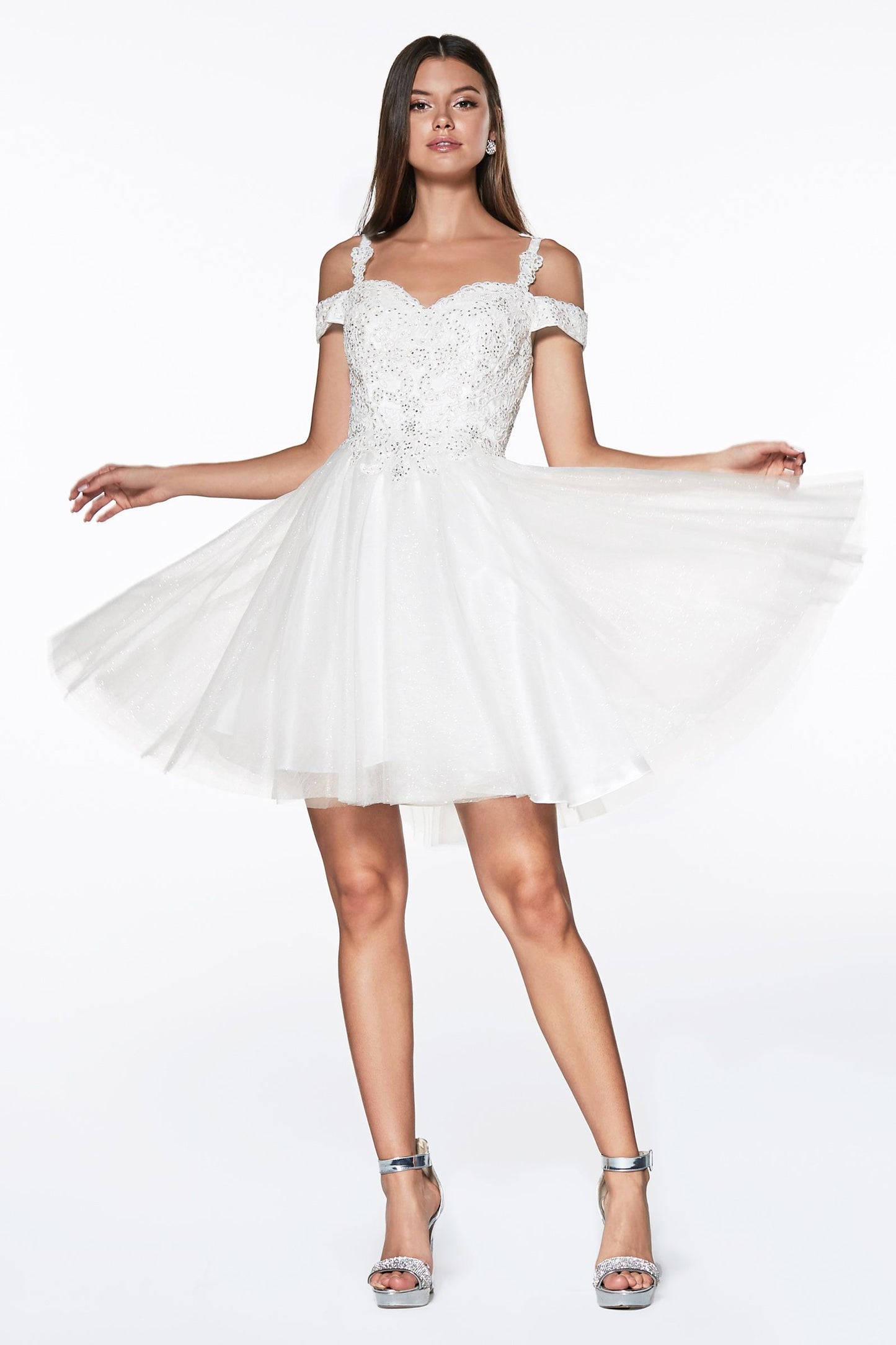 Off Shoulder Sequin Lace w/Tulle Skirt Short Dress