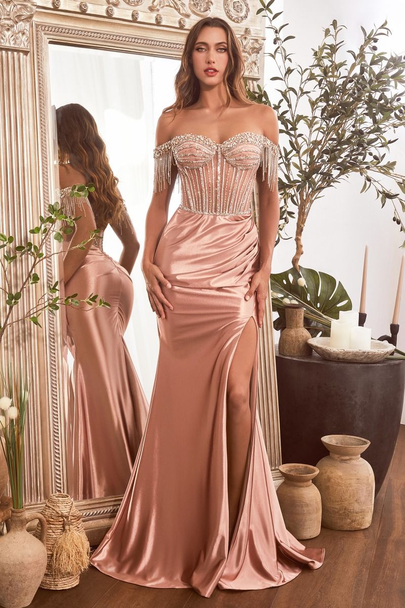 Embellished Off the Shoulder Satin Gown