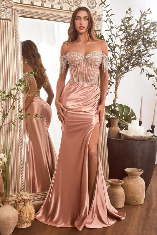 Embellished Off the Shoulder Satin Gown