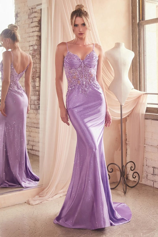 LADIVINE FITTED GLITTER & LACE STRETCH SATIN GOWN