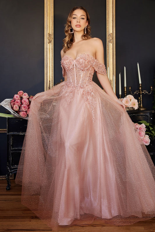LADIVINE LACE A-LINE GOWN WITH OFF THE SHOULDER SLEEVES