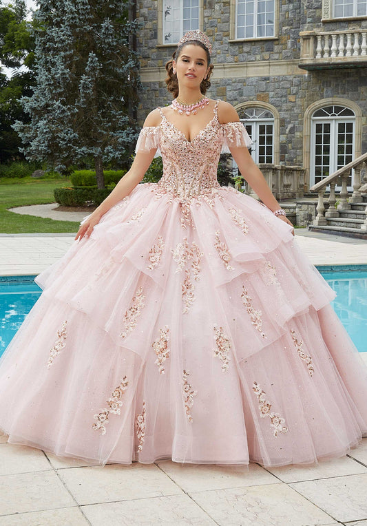 MORILEE FLOUNCED RHINESTONE AND SPARKLE TULLE DRESS
